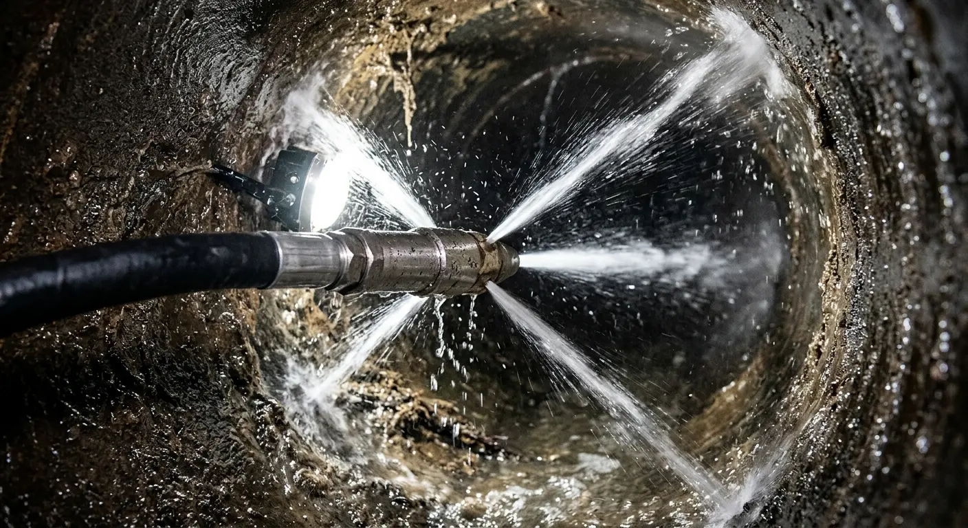 High-pressure hydro jetting nozzle cleaning sewer pipe for Sewer Cleanout in Three Oaks