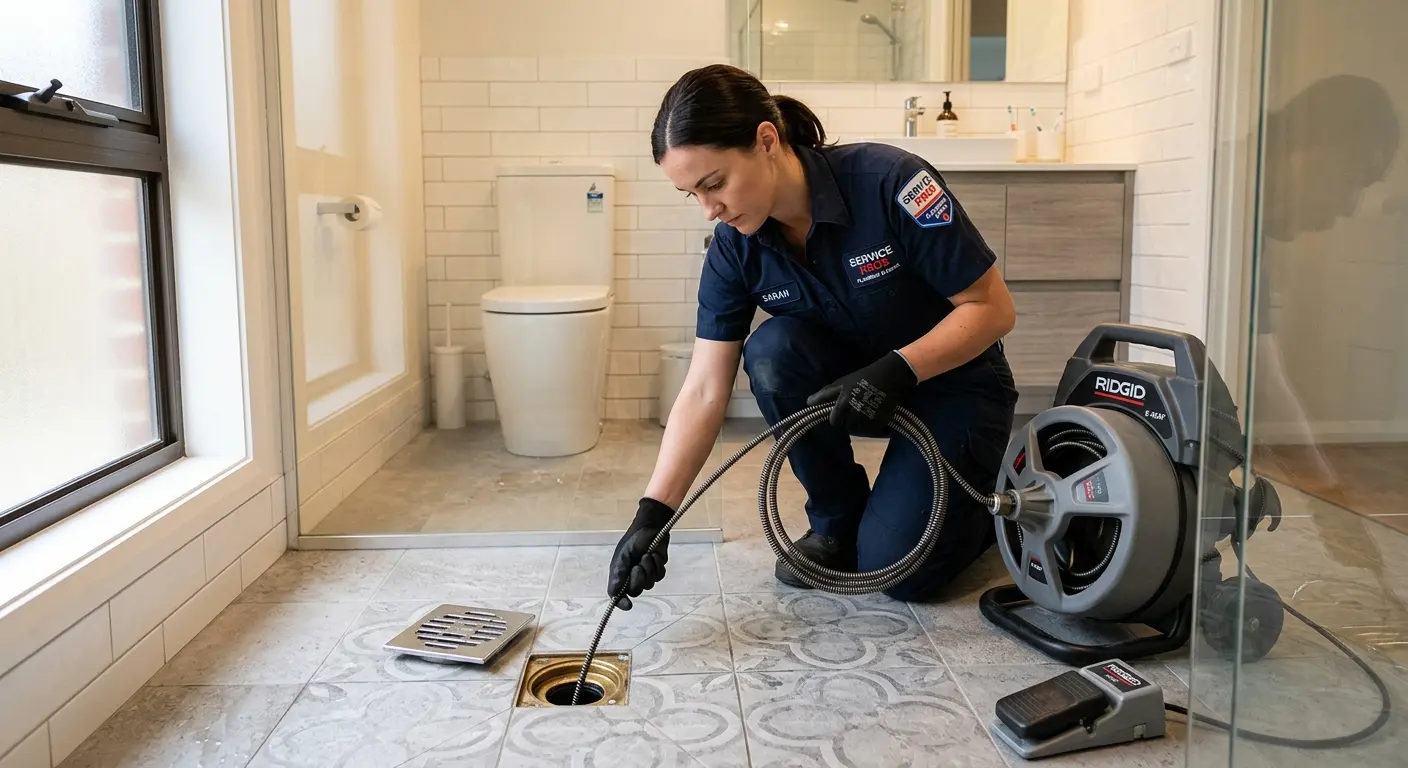 Technician clearing a bathroom floor drain for Hydro Jetting in Three Oaks